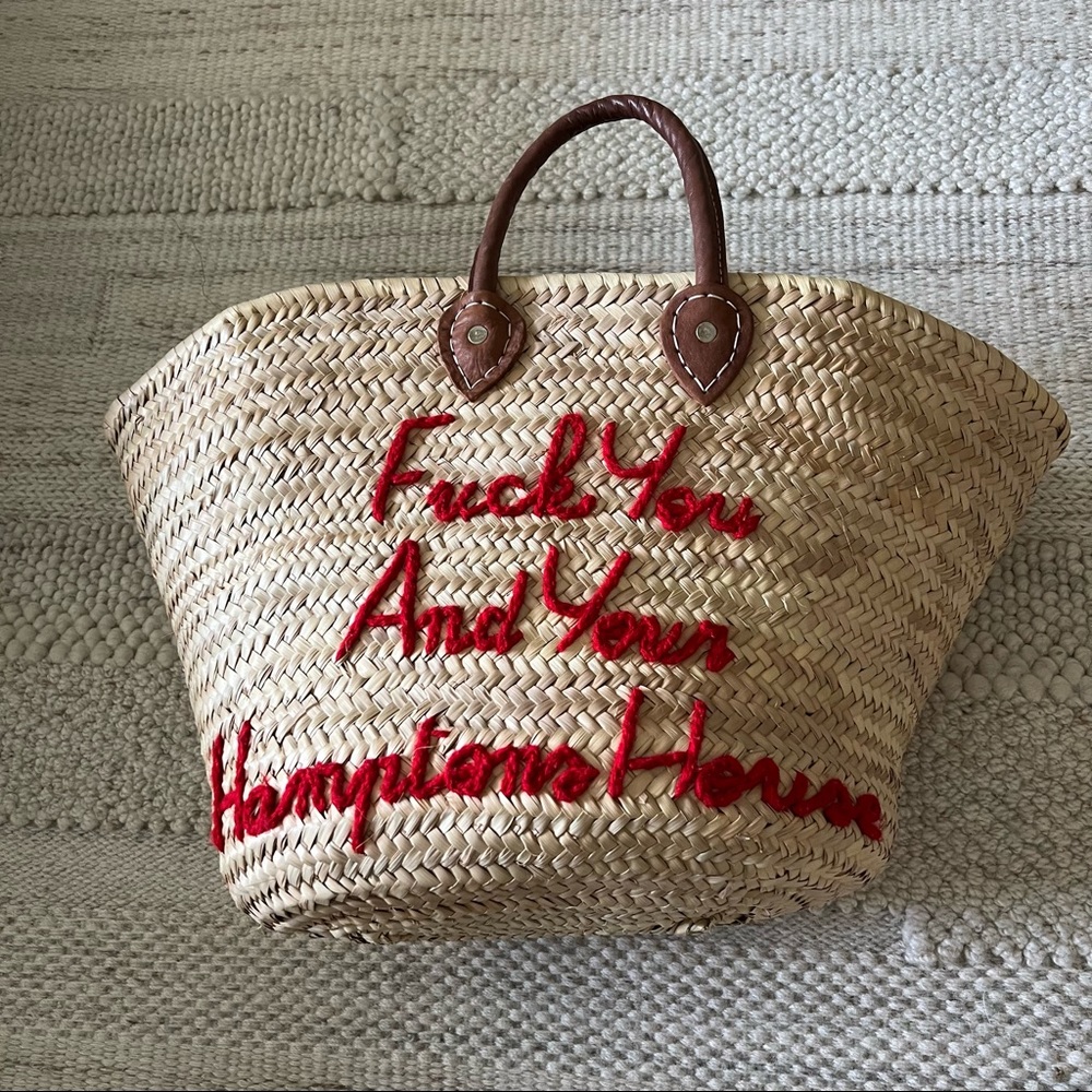 Straw Tote with Red Embroidery
